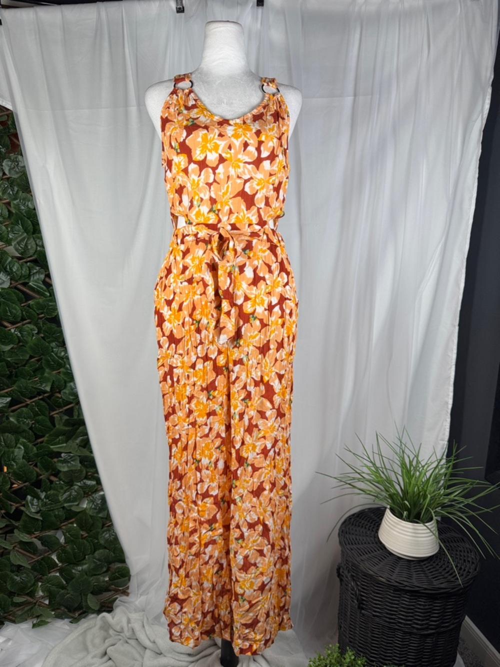 Derek Heart Orange Floral Sleeveless Jumpsuit with Tie Waist